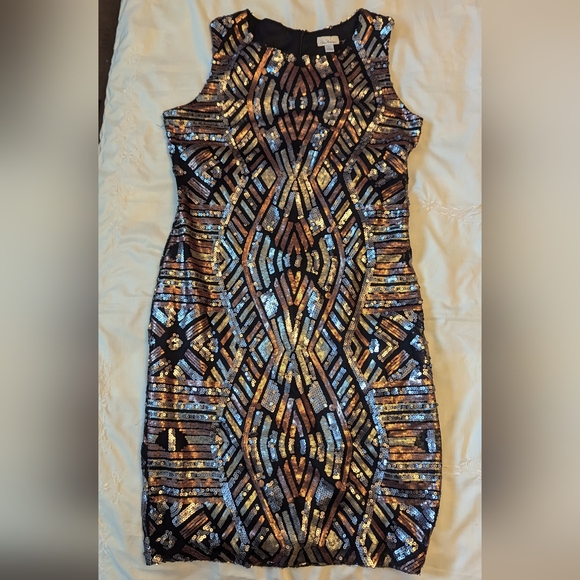 Olivia Matthews sz12 Metallic geometric sequin wiggle dress NWOT - Picture 2 of 6